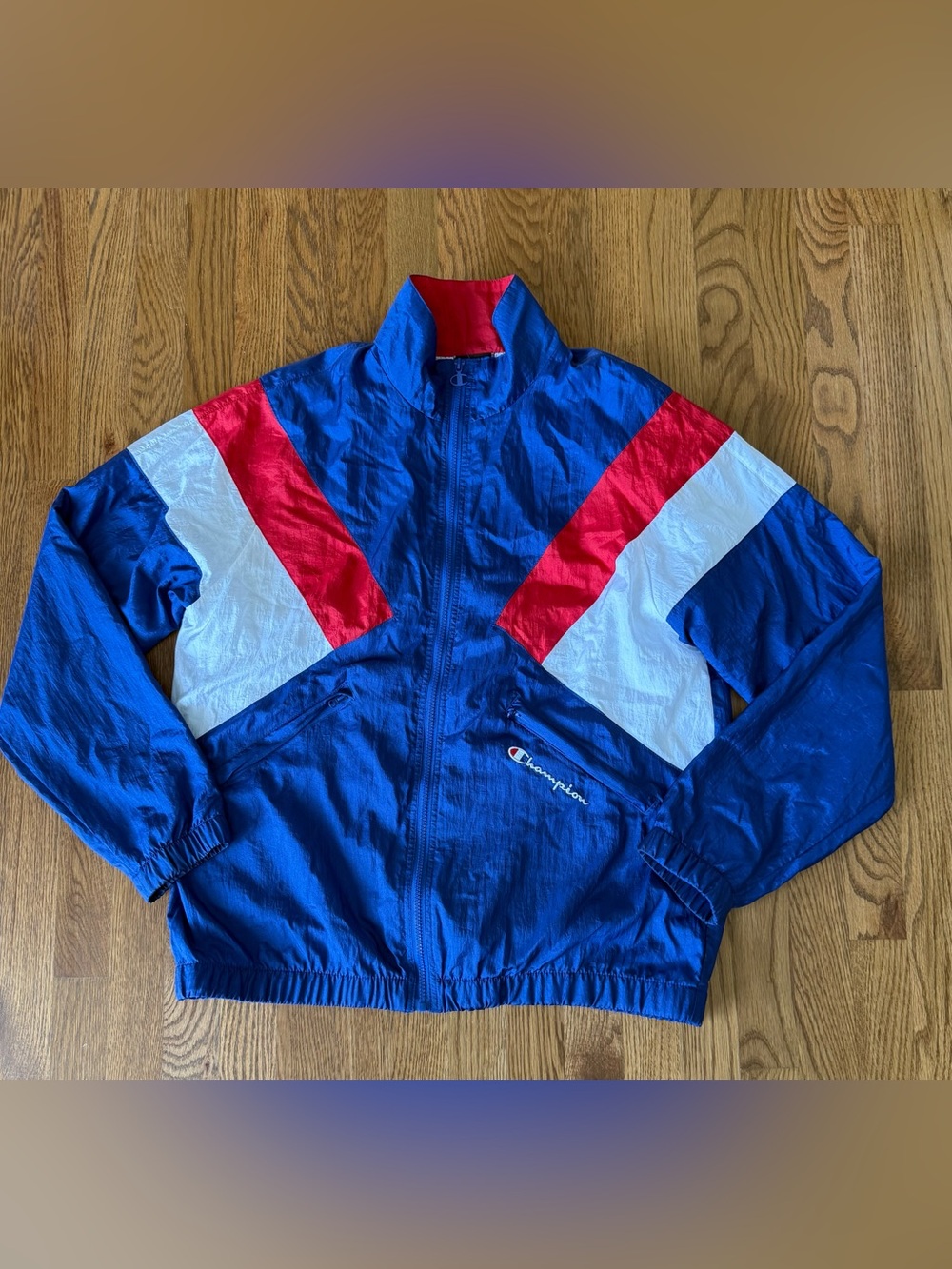 Champion Men’s Large Windbreaker Jacket Blue Red White Colorblock Retro Full Zip